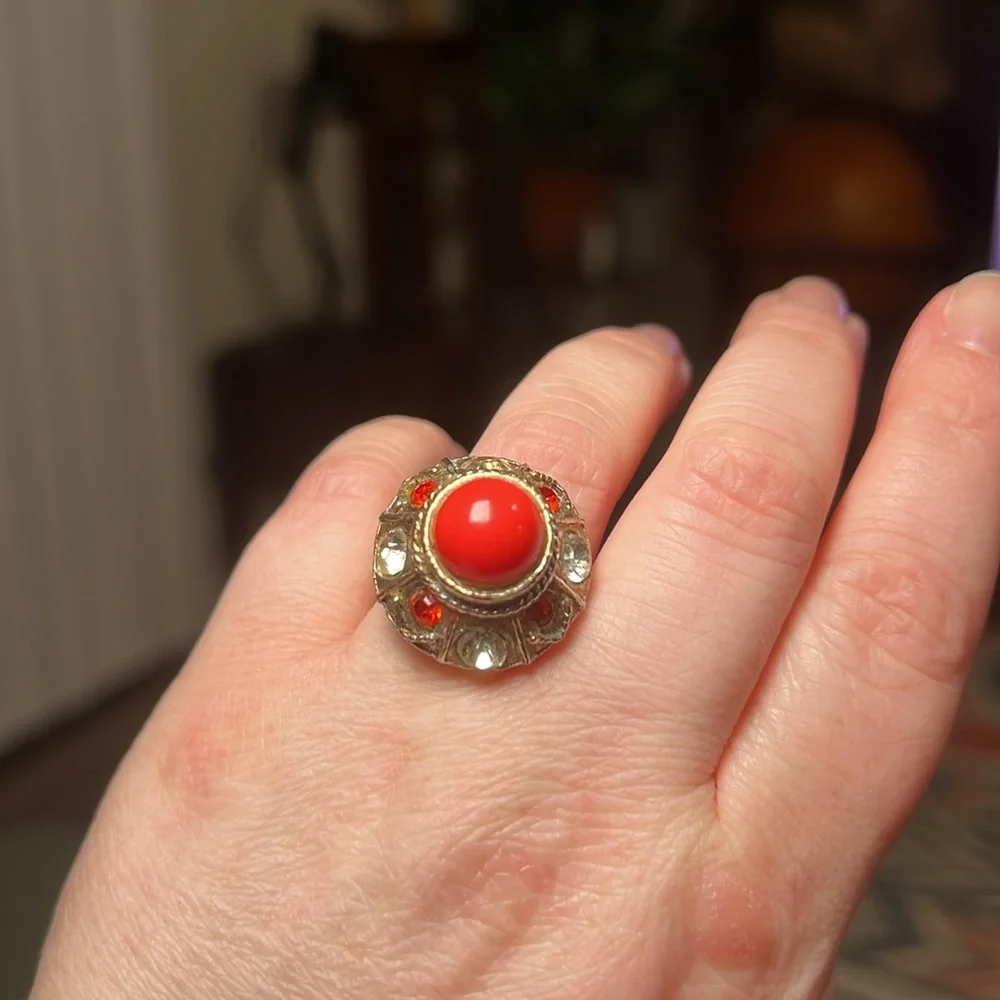 Vintage Chunky Faux Coral Cabochon Rhinestone Gem Domed Cocktail Ring